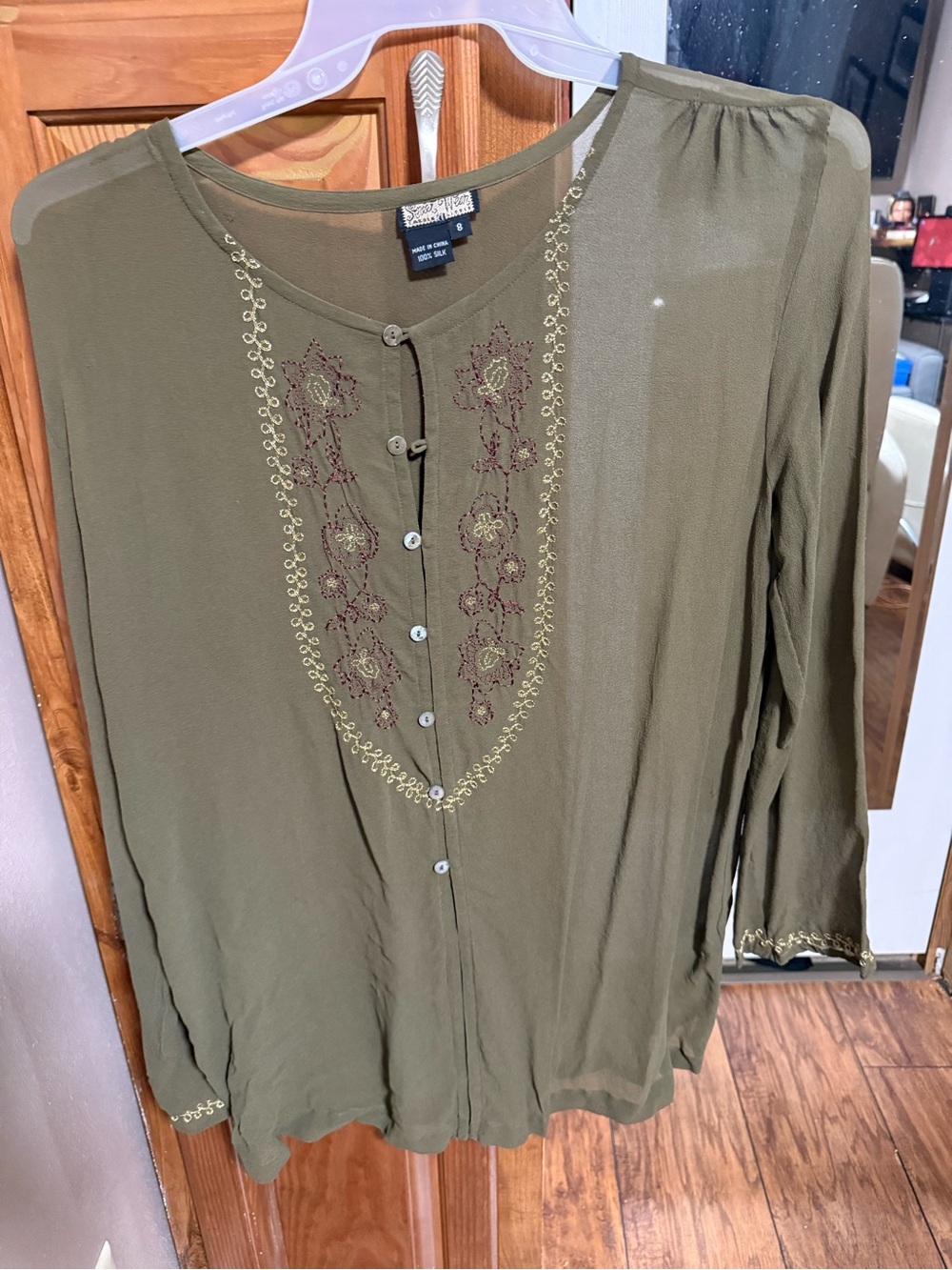Chico's Olive Green Embroidered Button-Down Blouse